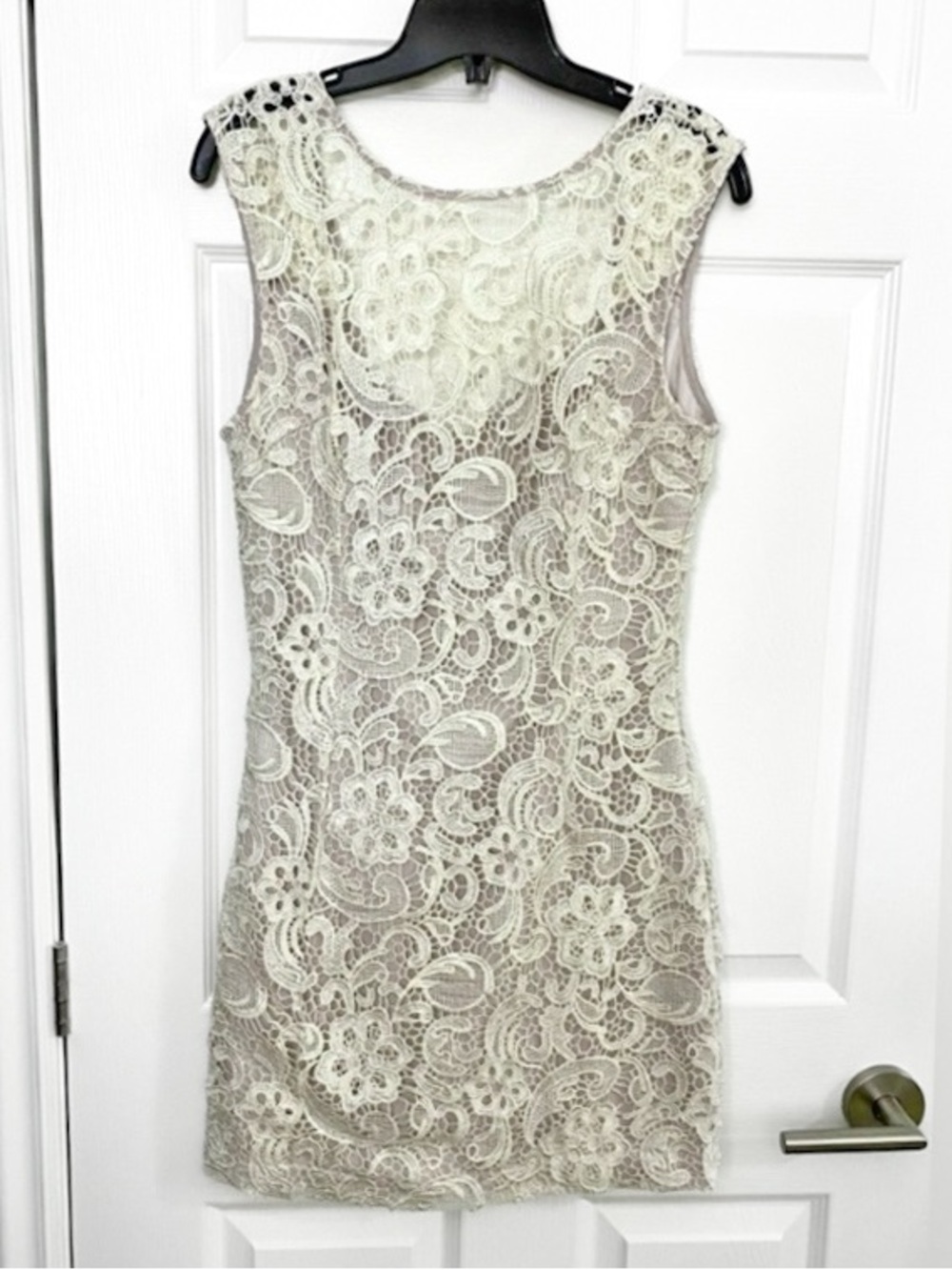 bebe Shimmery Cream Lace Mini Dress w/ Open Back
